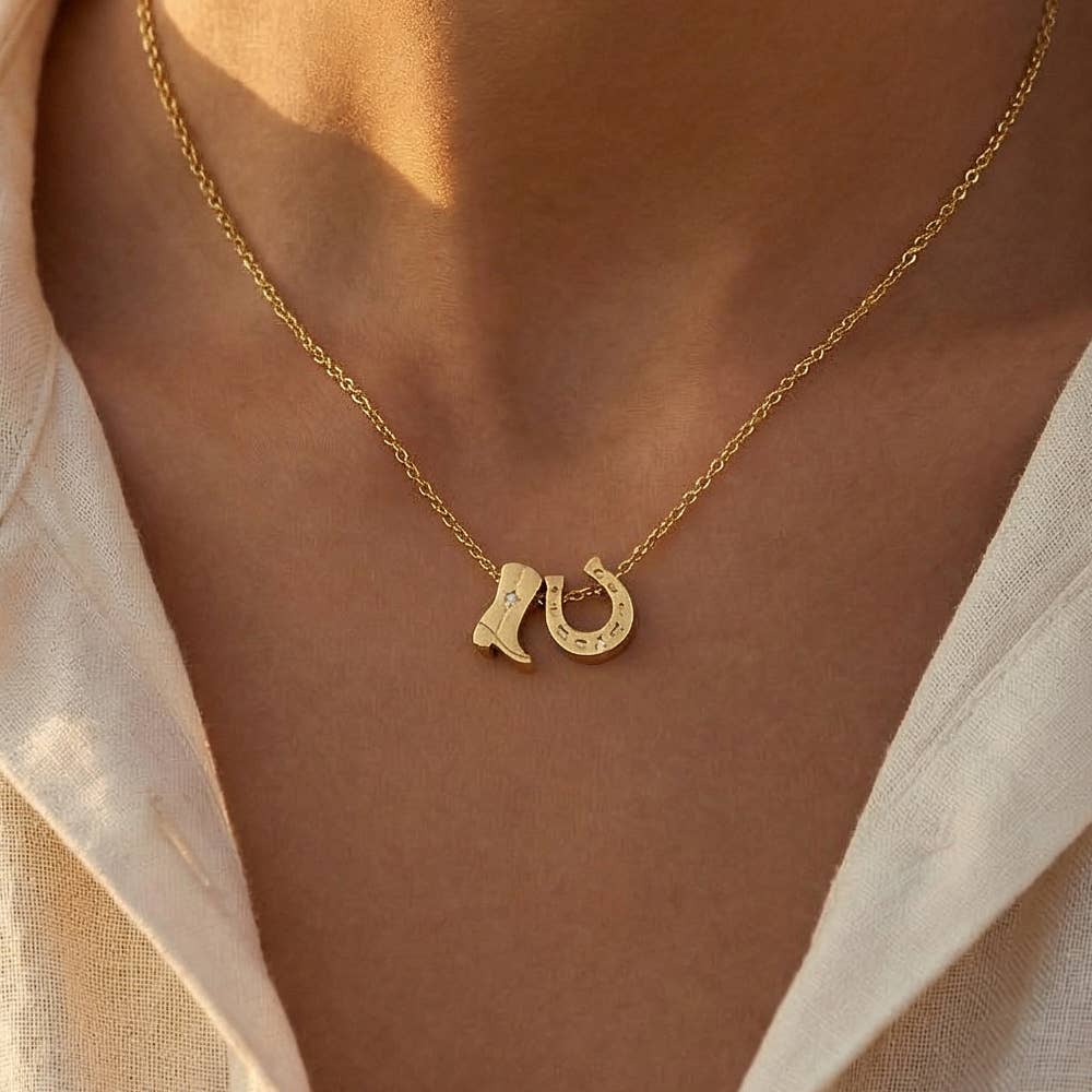 Cowboy Boots Horse Shoe Charm Necklace
